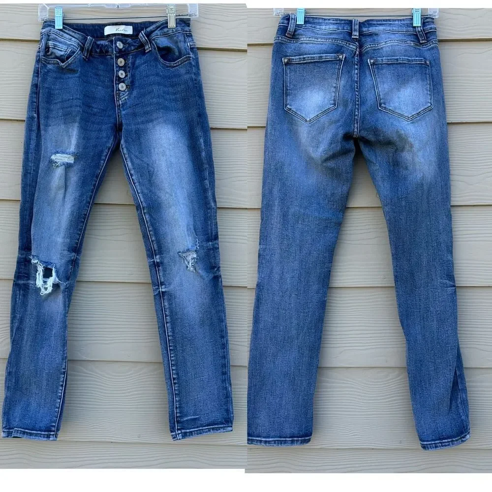 Kancan Hi‎ Rise Skinny Exposed Button Fly Distressed Raw Hem Jeans-Sz 3 / 25